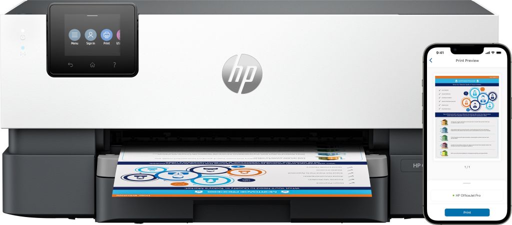 HP OfficeJet Pro 9110b Drucker, Farbe, Drucker für Home und Home Office, Drucken, Wireless; beidseitiger Druck; Drucken vom Smartphone oder Tablet; Touchscreen; Anschluss für USB-Flash-Laufwerk (vorne), Thermal Inkjet, Farbdruck, 4800 x 1200 DPI, A4, Dire