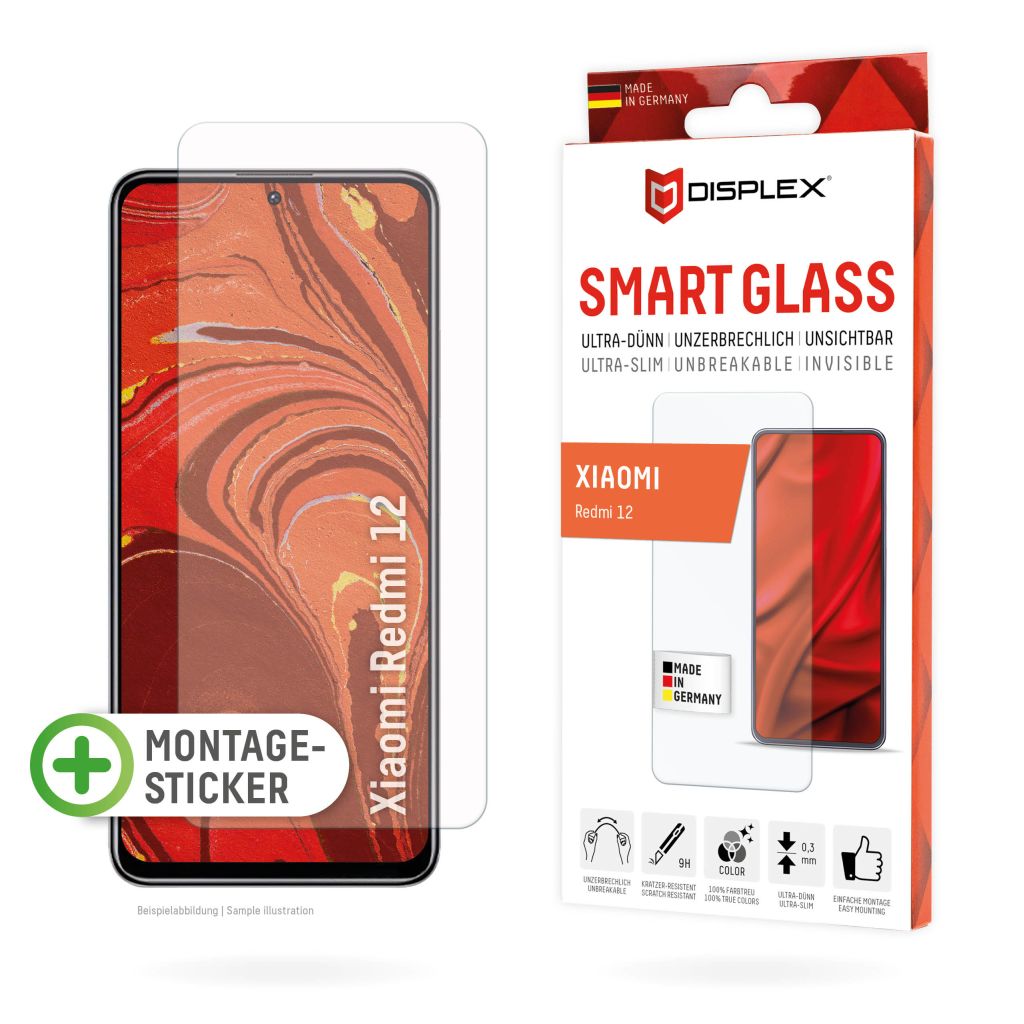 Displex Smart Glass (9H) für Xiaomi Redmi 12, Montagesticker, unzerbrechlich, Xiaomi, Redmi 12, Trockene Anwendung, Staubresistent, Schlagfest, Kratzresistent, Transparent, 1 Stück(e)