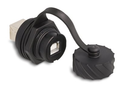 DELOCK Kabelverbinder USB 2.0 Typ-B Buchse zu Buchse zum Einbau mit Bajonett-Verschlusskappe IP68 staub- und wasserdicht schwarz