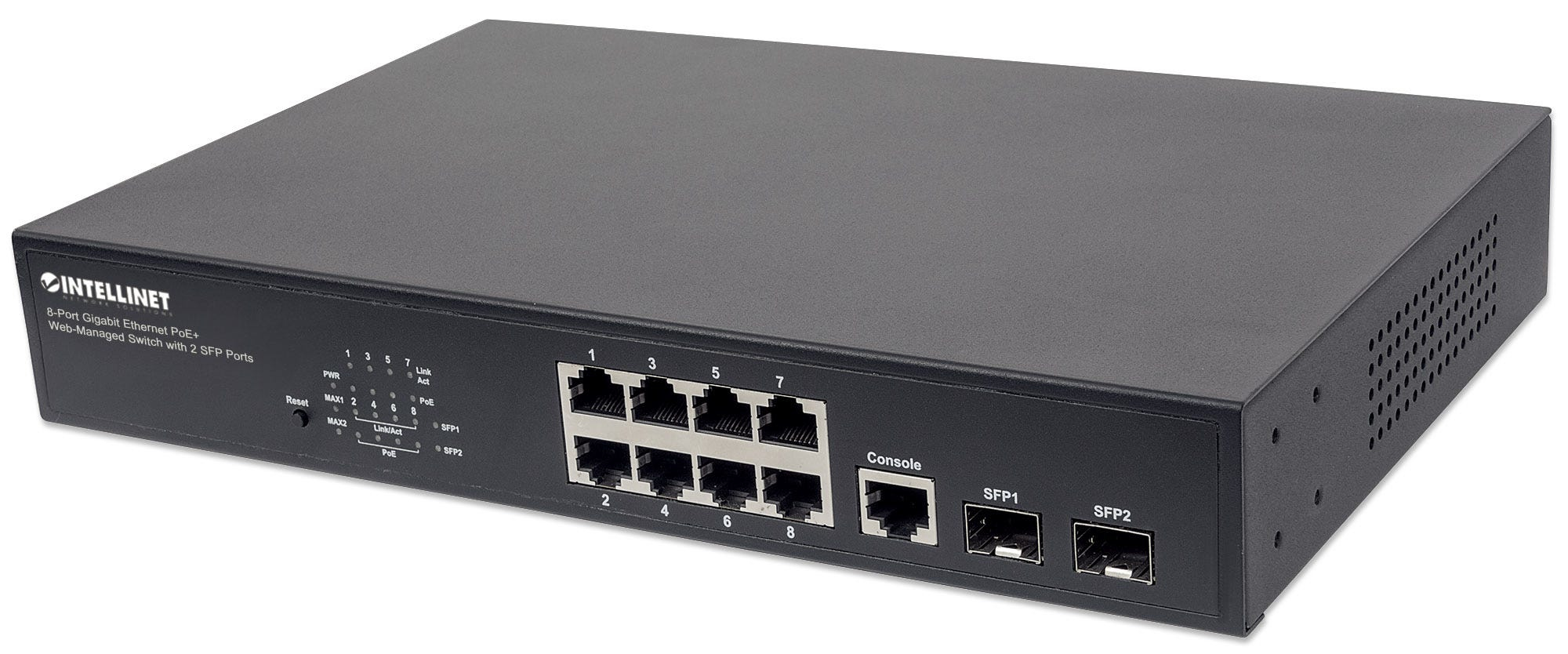 Intellinet 8-Port Gigabit Ethernet PoE+ Web-Managed Switch mit 2 SFP-Ports, 8 x PoE-Ports, IEEE 802.3at/af Power over Ethernet (PoE+/PoE), 140 W, Endspan, Desktop, PDM-Funktion, 19" Rackmount