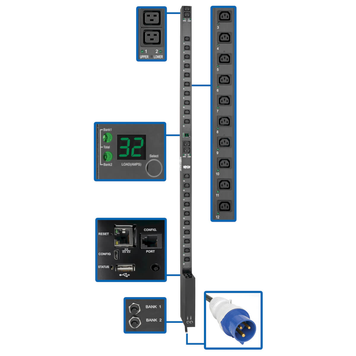 Tripp Lite PDUMV32HVNETLX Geschaltete 7,7 kW Einphasen-PDU mit LX-Plattformschnittstelle, 230 V-Ausgang, IEC 309 32 A blau, 3,05 m Kabel, 0 HE, TAA.