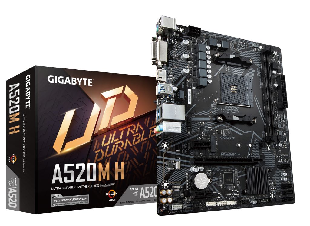 GIGABYTE A520M H Mainboard - Unterstützt AMD Ryzen 5000 Serie AM4 CPUs, 4+3 Phasen reines digitales VRM, bis zu 5100 MHz DDR4 (OC), PCIe 3.0 x4 M.2, GbE LAN, USB 3.2 Gen 1