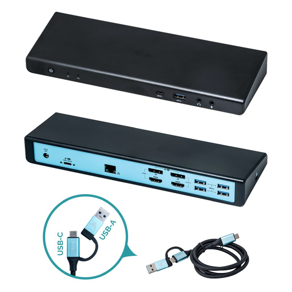 i-tec USB 3.0 / USB-C / Thunderbolt 3 Dual Display Docking Station + Power Delivery 85W, Kabelgebunden, Thunderbolt 3, 85 W, 3,5 mm, 10,100,1000 Mbit/s, Schwarz, Türkis