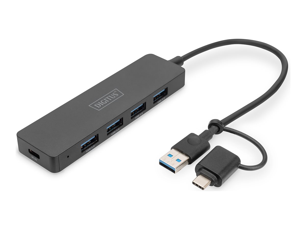 Digitus USB 3.0 Hub 4-Port, Slim Line, USB 3.2 Gen 1 (3.1 Gen 1) Type-A + Type-C, USB 3.2 Gen 1 (3.1 Gen 1) Type-A, 12000 Mbit/s, Schwarz, 0,2 m, China