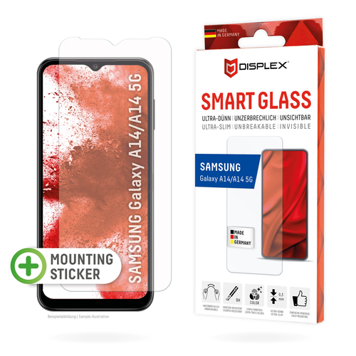 Displex Smart Glass (9H) für Samsung Galaxy A14 5G, Montagesticker, unzerbrechlich, ultra-dünn, unsichtbar