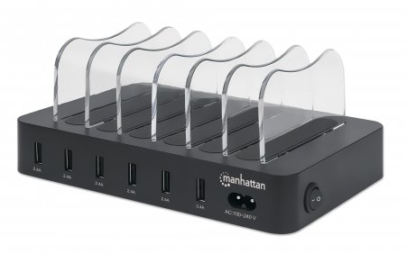 Manhattan 6-Port USB-Ladestation, Sechs USB-A-Ports, bis zu 2,4 A/5 V pro Port, 50 W Ausgangsleistung gesamt, schwarz