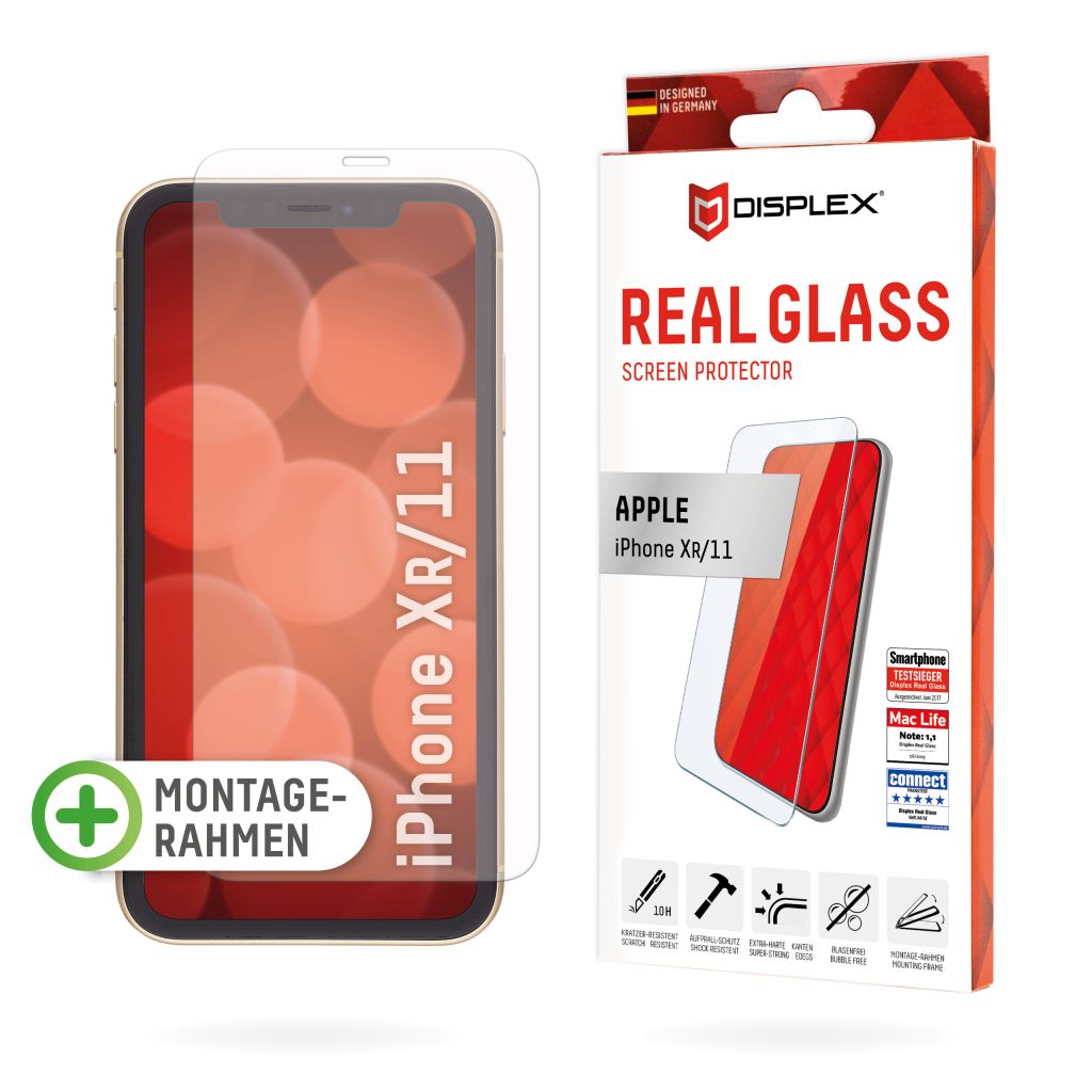 Displex Panzerglas (10H) für Apple iPhone XR/11, Eco-Montagerahmen, Tempered Glas, kratzer-resistente Schutzfolie, hüllenfreundlich