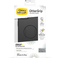 OtterBox OtterGrip Symmetry Hülle für iPhone 14 Plus für MagSafe, Sturzsichere, schützende Hülle mit eingebautem Griff, 3x getestet nach Militärstandard, Antimikrobieller Schutz, Schwarz