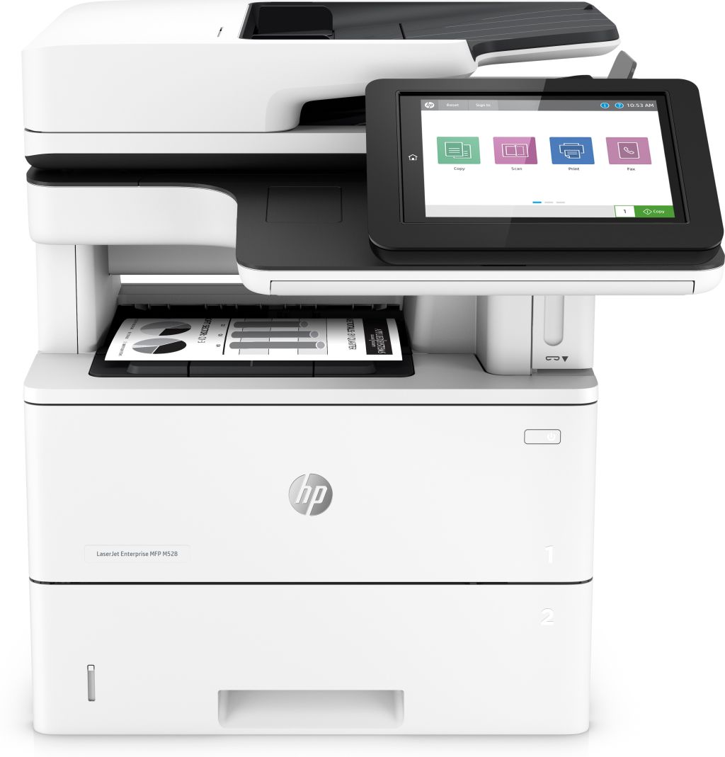 HP LaserJet Enterprise M528f MFP, Drucken, Kopieren, Scannen, Faxen, Drucken über die USB-Schnittstelle an der Vorderseite des Druckers; Scannen an E-Mail; Beidseitiger Druck; Beidseitiges Scannen