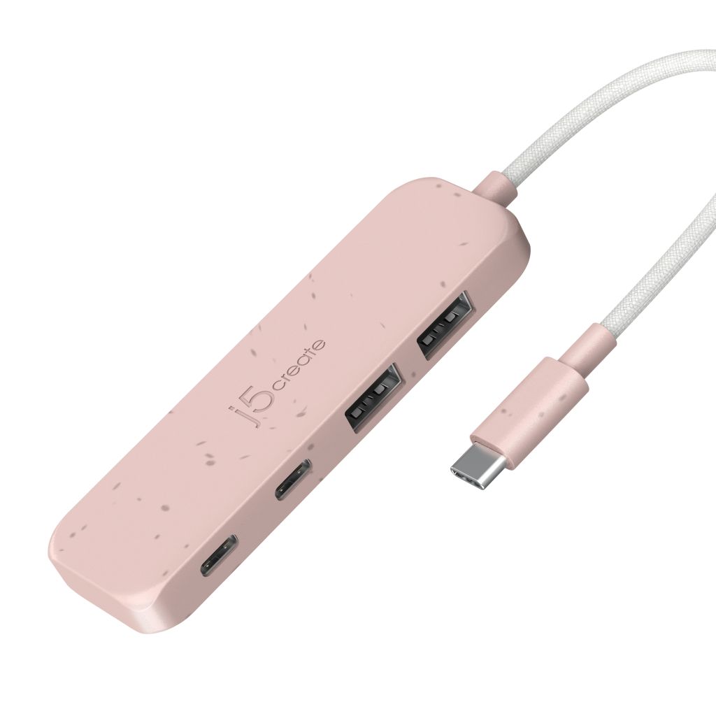 j5create Umweltfreundlicher USB-C-zu-Hub Typ C & Typ A Gen 2 mit 4 Anschlüssen, USB 3.2 Gen 1 (3.1 Gen 1) Type-C, USB 3.2 Gen 2 (3.1 Gen 2) Type-A, USB 3.2 Gen 2 (3.1 Gen 2) Type-C, 10000 Mbit/s, Rose, Acrylnitril-Butadien-Styrol (ABS), Recycelbarer Kunst